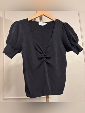 Molly Bracken Black Ruched V-Neck Puff Sleeve Knit Top MSRP $65